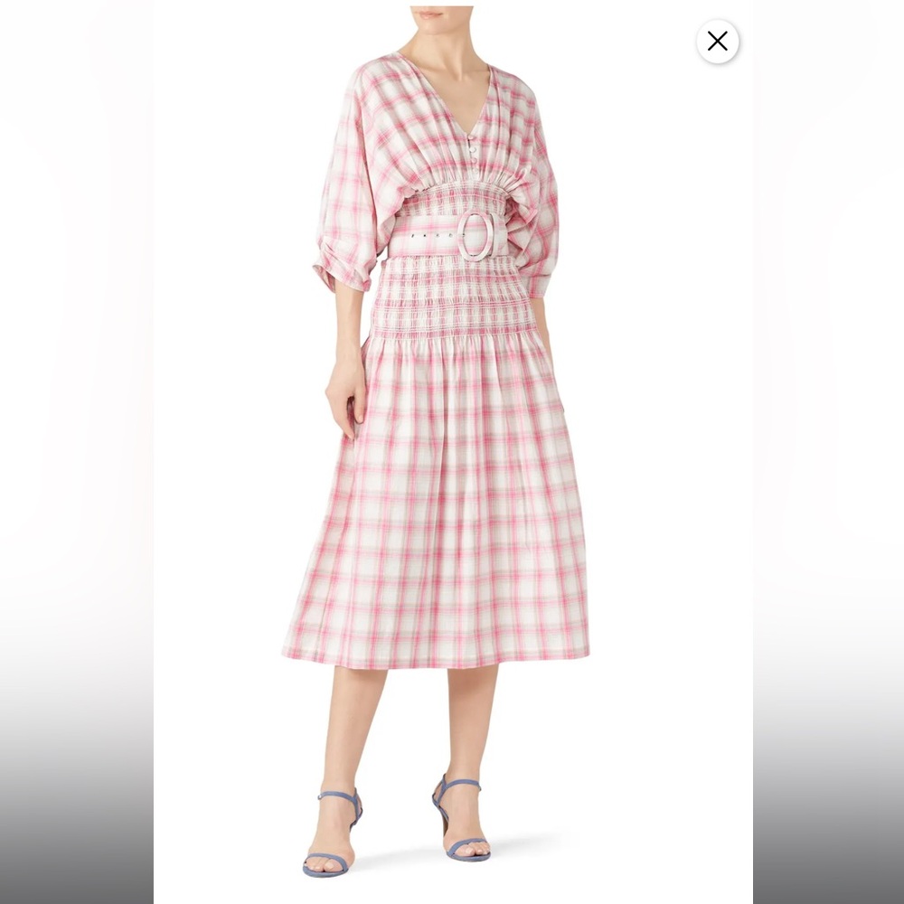 NICHOLAS Women's Smocked Panel Plaid Midi Dress‎ Pink White Size
